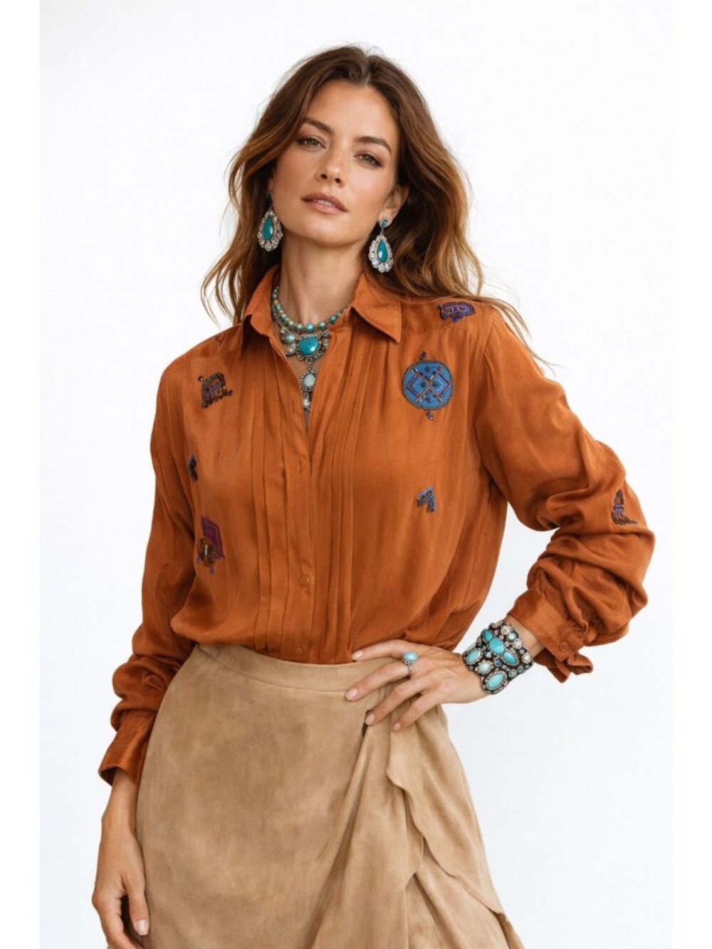 Marc DAlcy Paris Silk Embroidered Rust Boho chic Santa Fe Button-Up Blouse Women